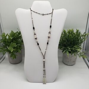Silver, White Satin and Black Beaded Costume Necklace
